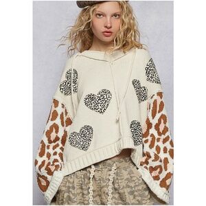 POL Leopard Print Heart Print knit Hoodie Sweater Top